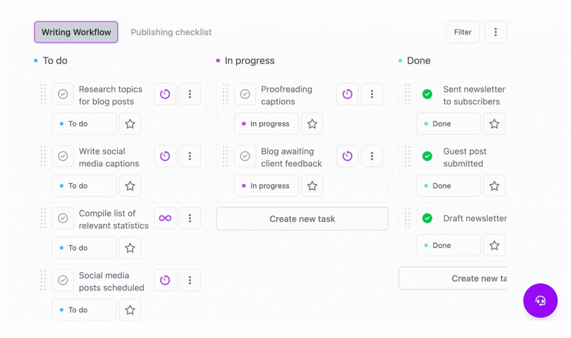 An animation showing a list of tasks being completed by clicking a checkbox button.